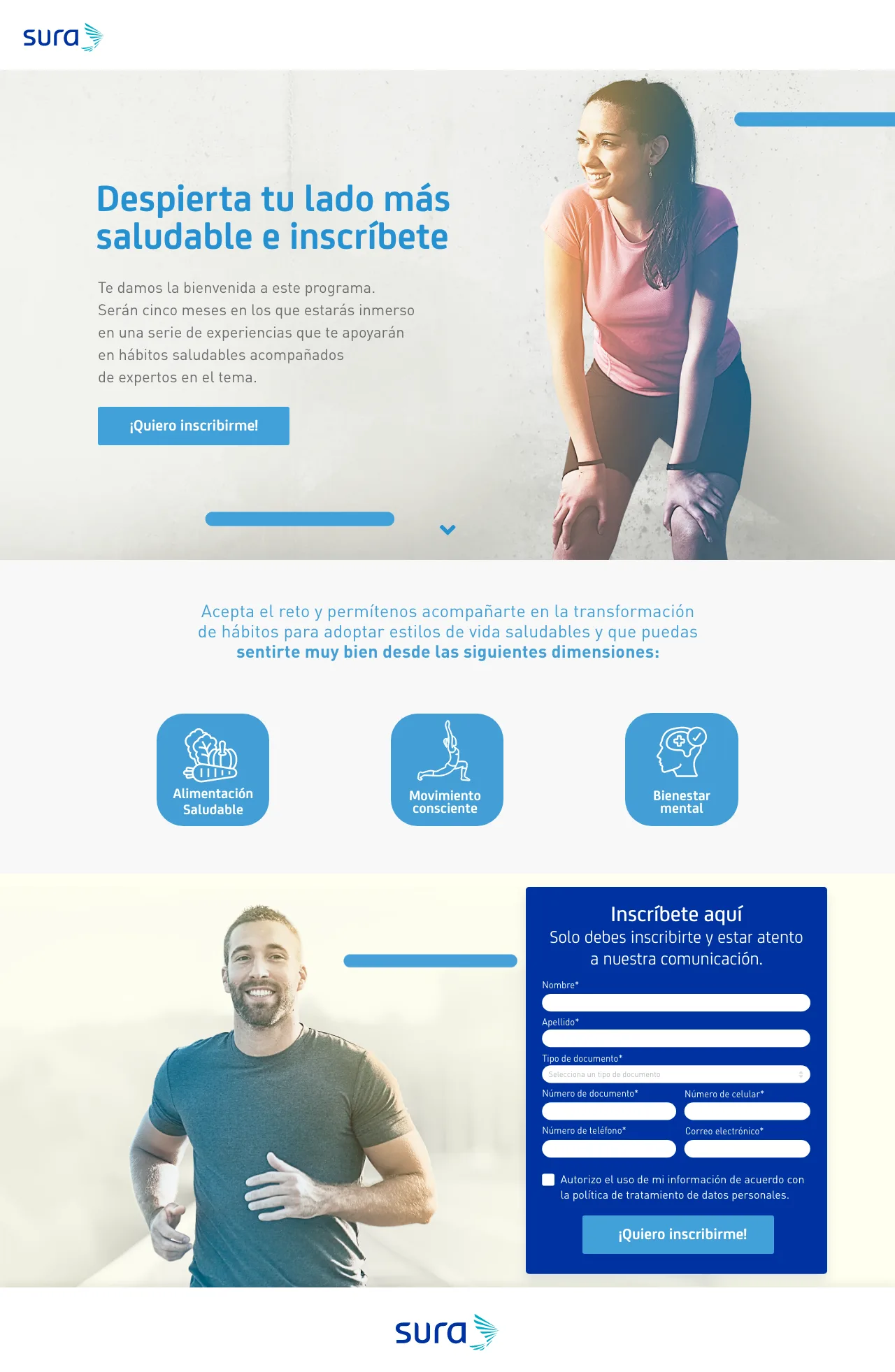 Landing de registro de SURA en vista de escritorio, Despierta tu lado más saludable e inscríbete, con imagen de bienvenida, las tres dimensiones del programa (alimentación saludable, movimiento consciente, bienestar mental) y el formulario de inscripción.