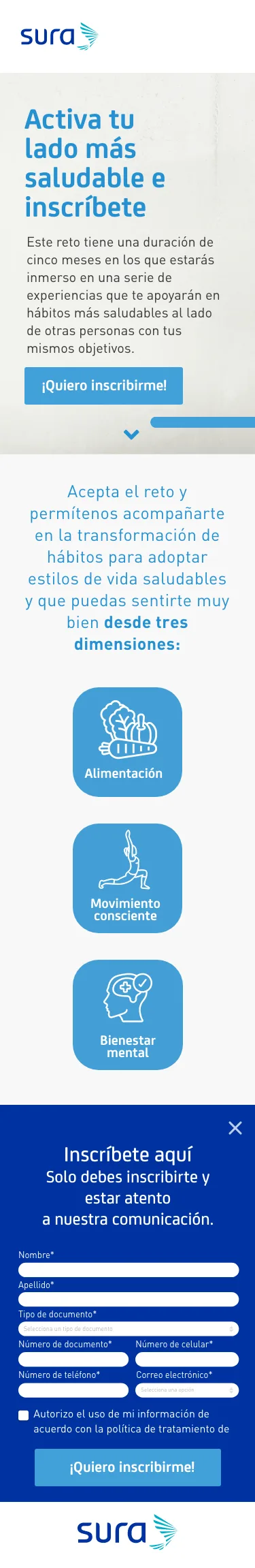 Landing de registro de SURA en vista móvil, Activa tu lado más saludable e inscríbete, con las tres dimensiones del programa y el formulario de inscripción.
