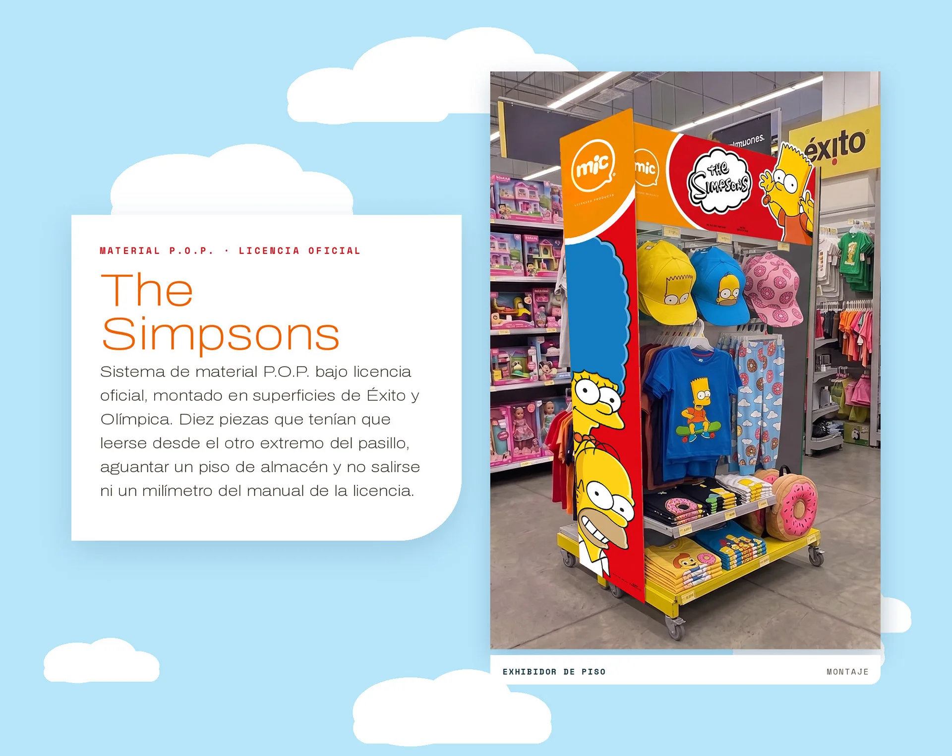 Portada del caso The Simpsons: material P.O.P. bajo licencia oficial, con foto de un exhibidor de piso amarillo con gorras y camisetas de los Simpson en una tienda Éxito, sobre fondo celeste con nubes.