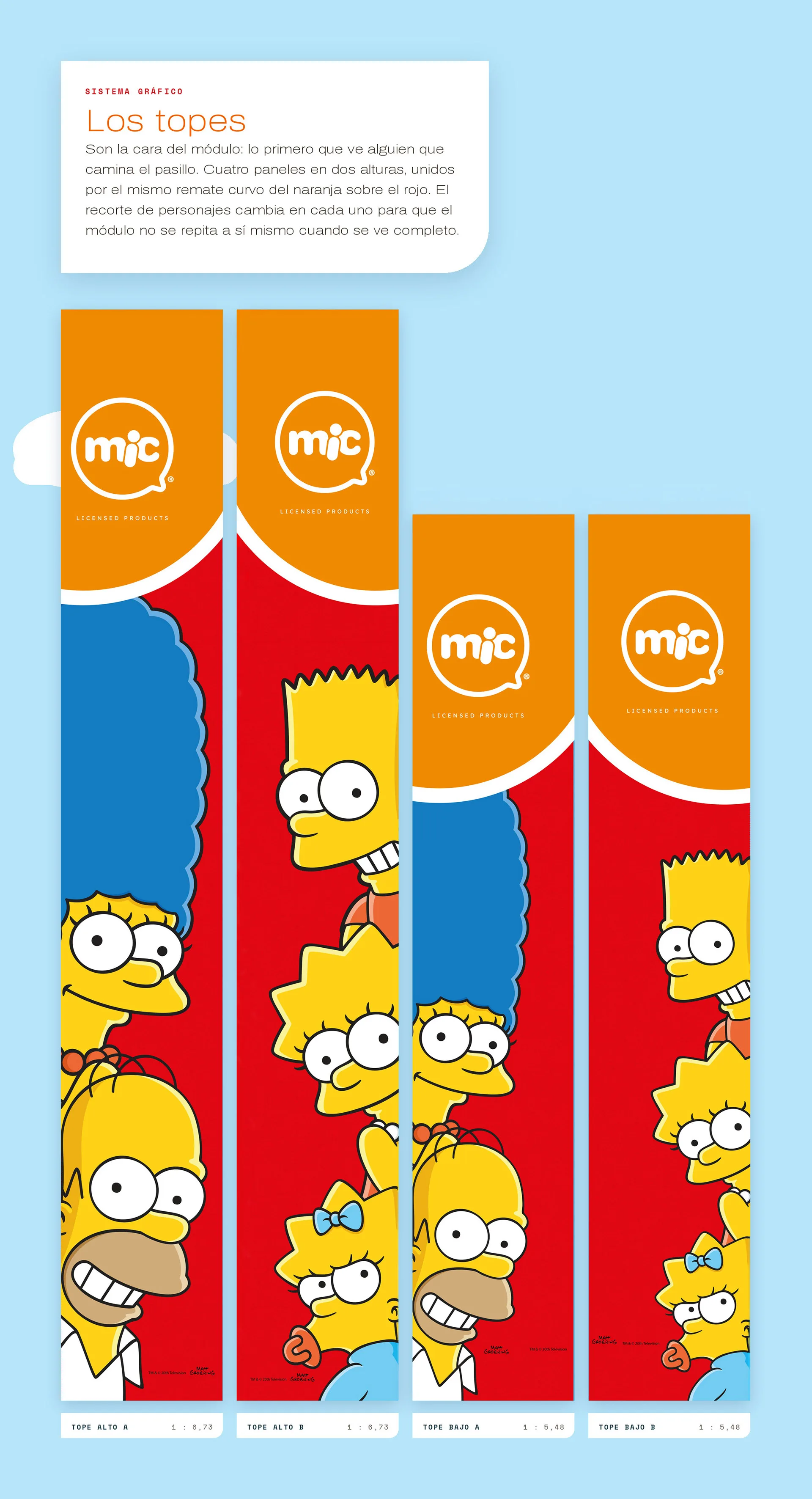Los topes: cuatro paneles verticales con los personajes de los Simpson (Homero, Marge, Bart, Lisa y Maggie) sobre rojo, rematados por el círculo naranja del logo mic.