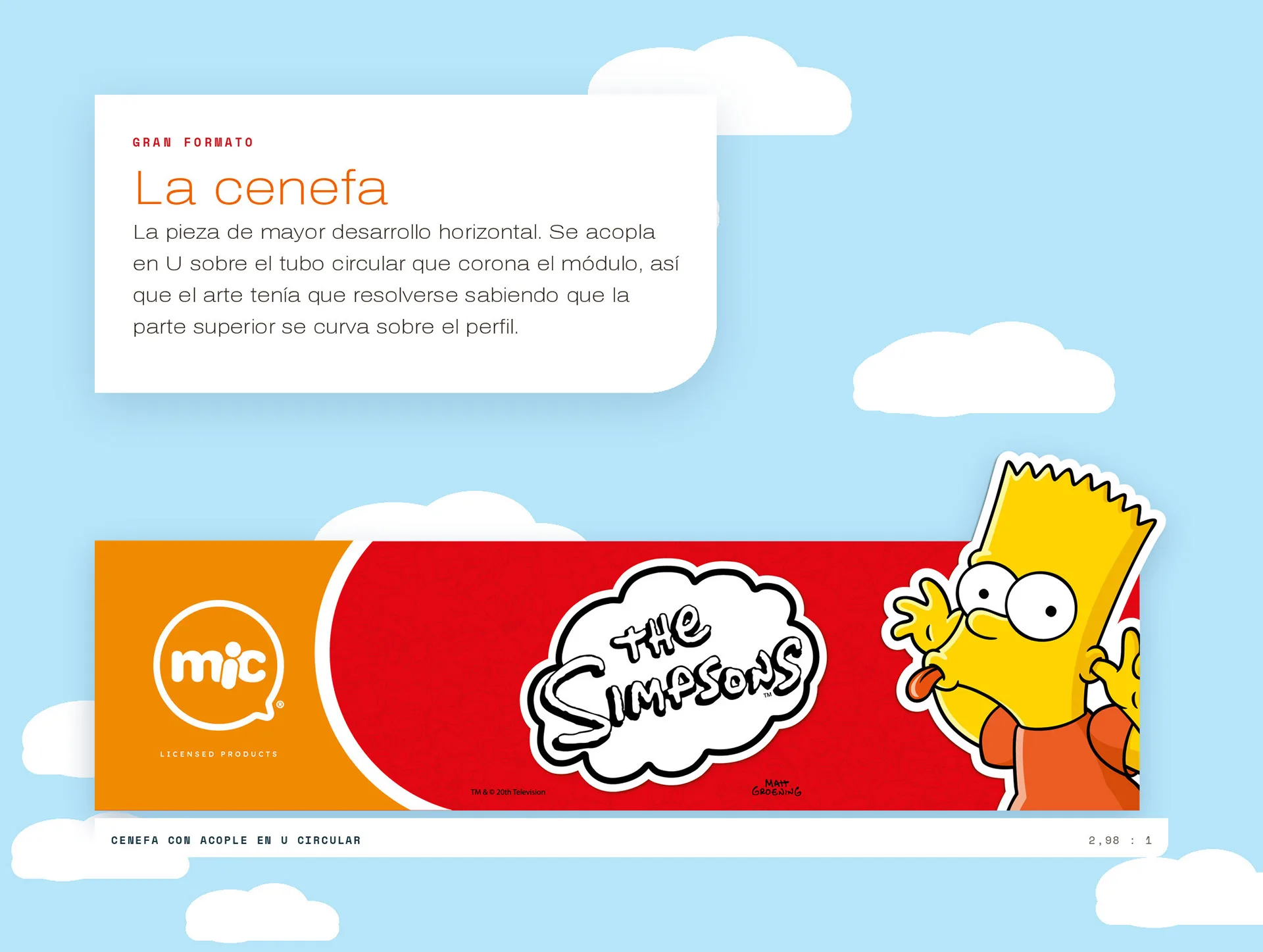 La cenefa: banner horizontal de gran formato en naranja y rojo con el logo mic, el logotipo de The Simpsons y Bart saludando.