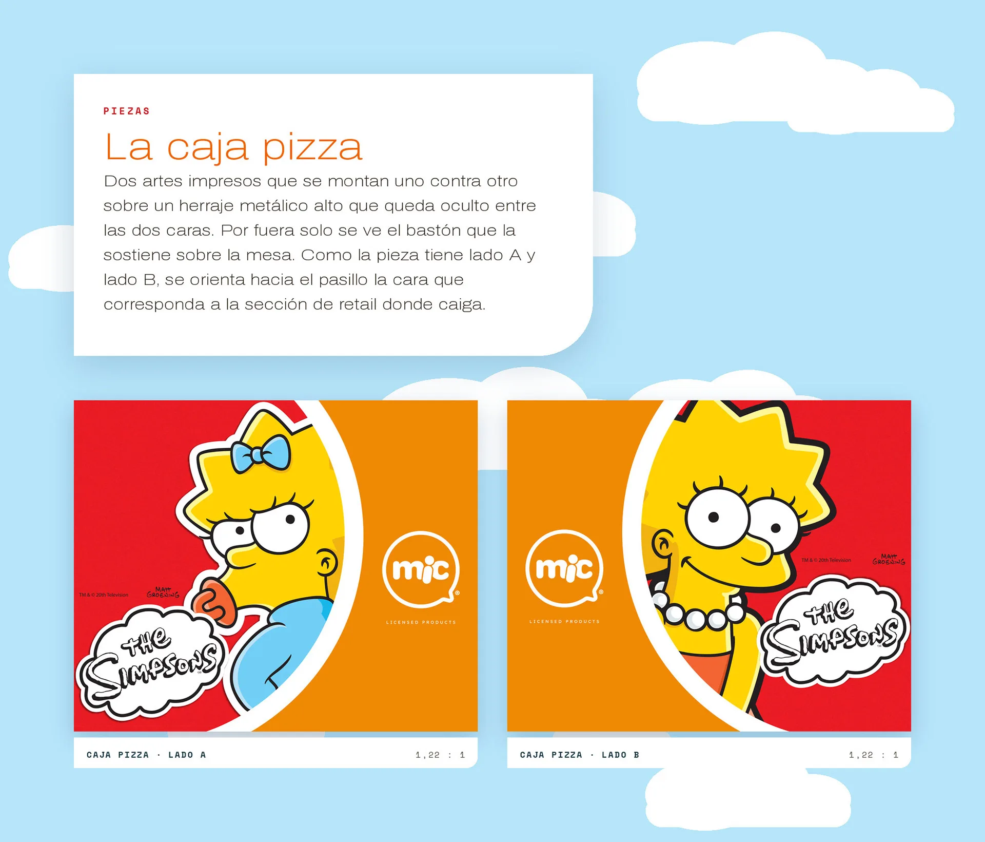 La caja pizza: dos artes cuadrados, lado A con Maggie y lado B con Lisa, sobre rojo y naranja con el logo mic.