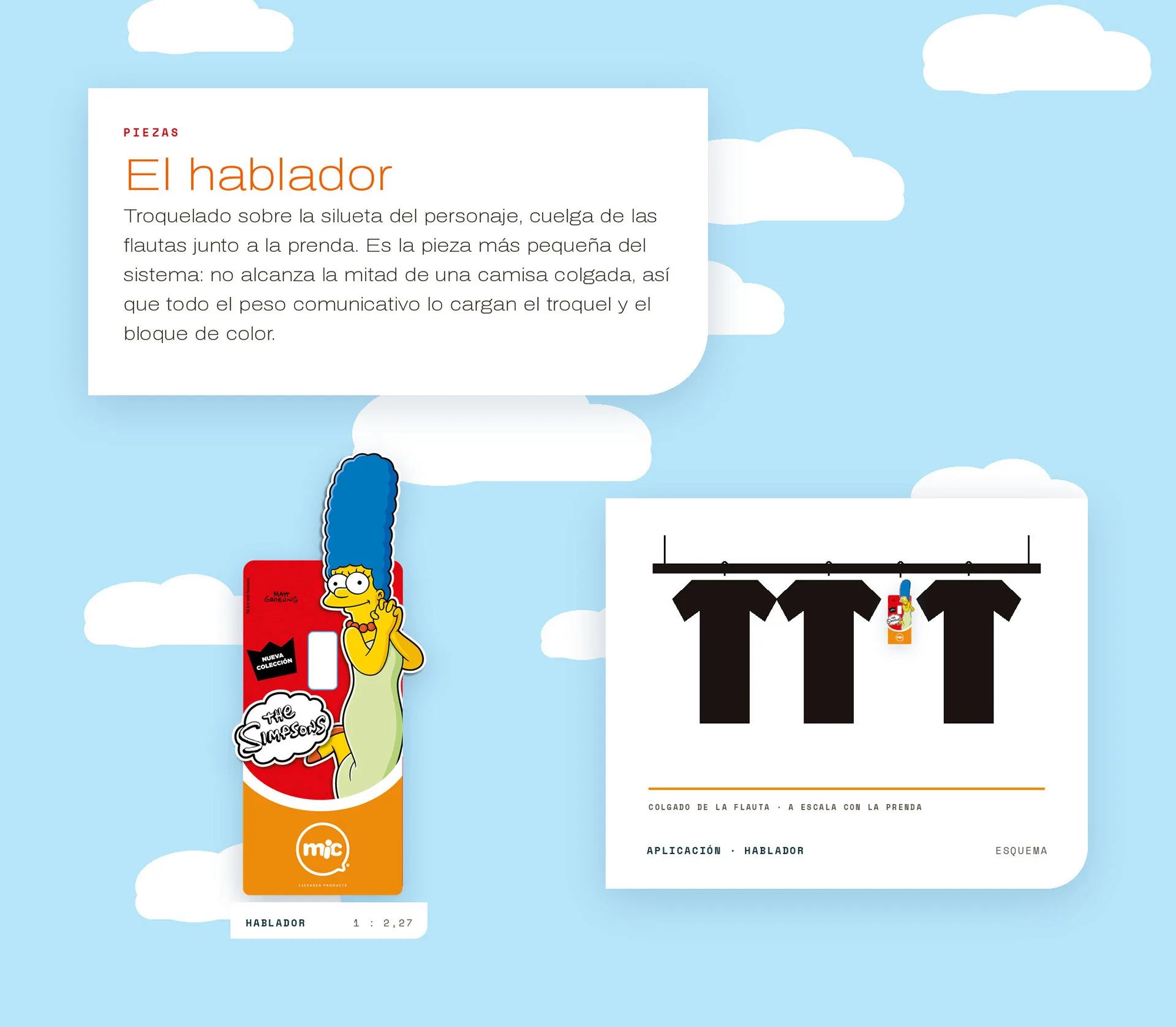 El hablador: pieza troquelada con la silueta de Marge, junto al esquema de colgado en la flauta a escala con la prenda.