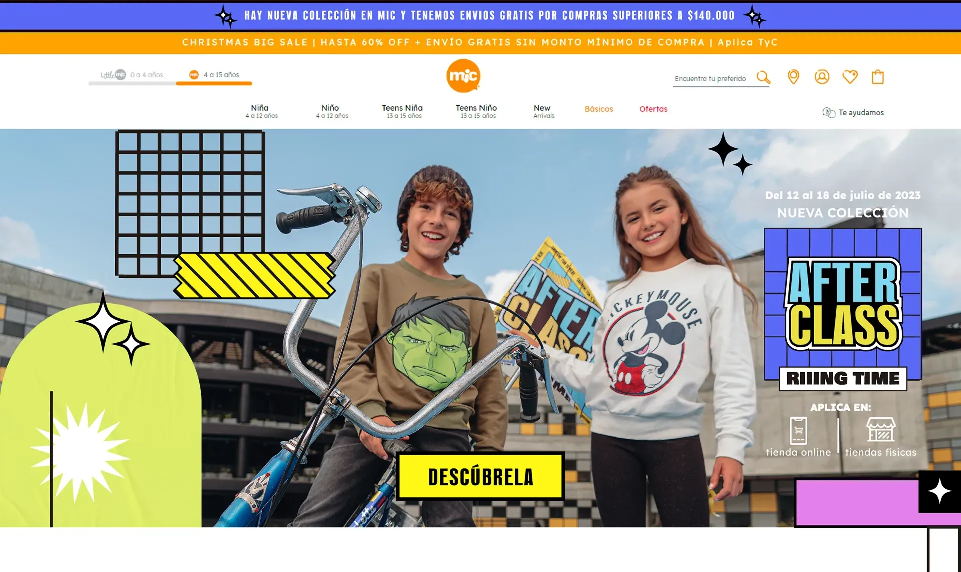 Aplicación del Key Visual en la home de e-commerce: hero con niños en bicicleta, la etiqueta Descúbrela y el lockup AFTER CLASS Rising Time.