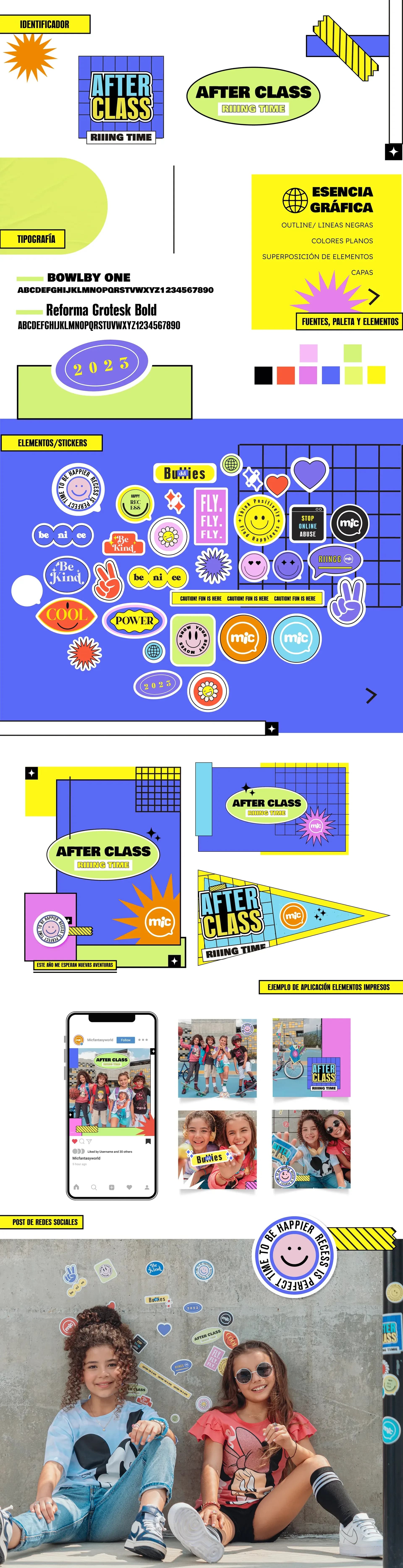 Tablero del sistema de key visual After Class Rising Time, de arriba abajo: el identificador con los lockups sobre placa azul y oval verde; la tipografía (Bowlby One y Reforma Grotesk Bold) con el sello 2023, la esencia gráfica y la paleta de color; el sistema de elementos y stickers sobre fondo azul; las aplicaciones en banderines y piezas; el ejemplo de aplicación en piezas impresas con un mockup de Instagram y una grilla de fotos; y el post de redes sociales con las dos niñas y los stickers de la campaña.