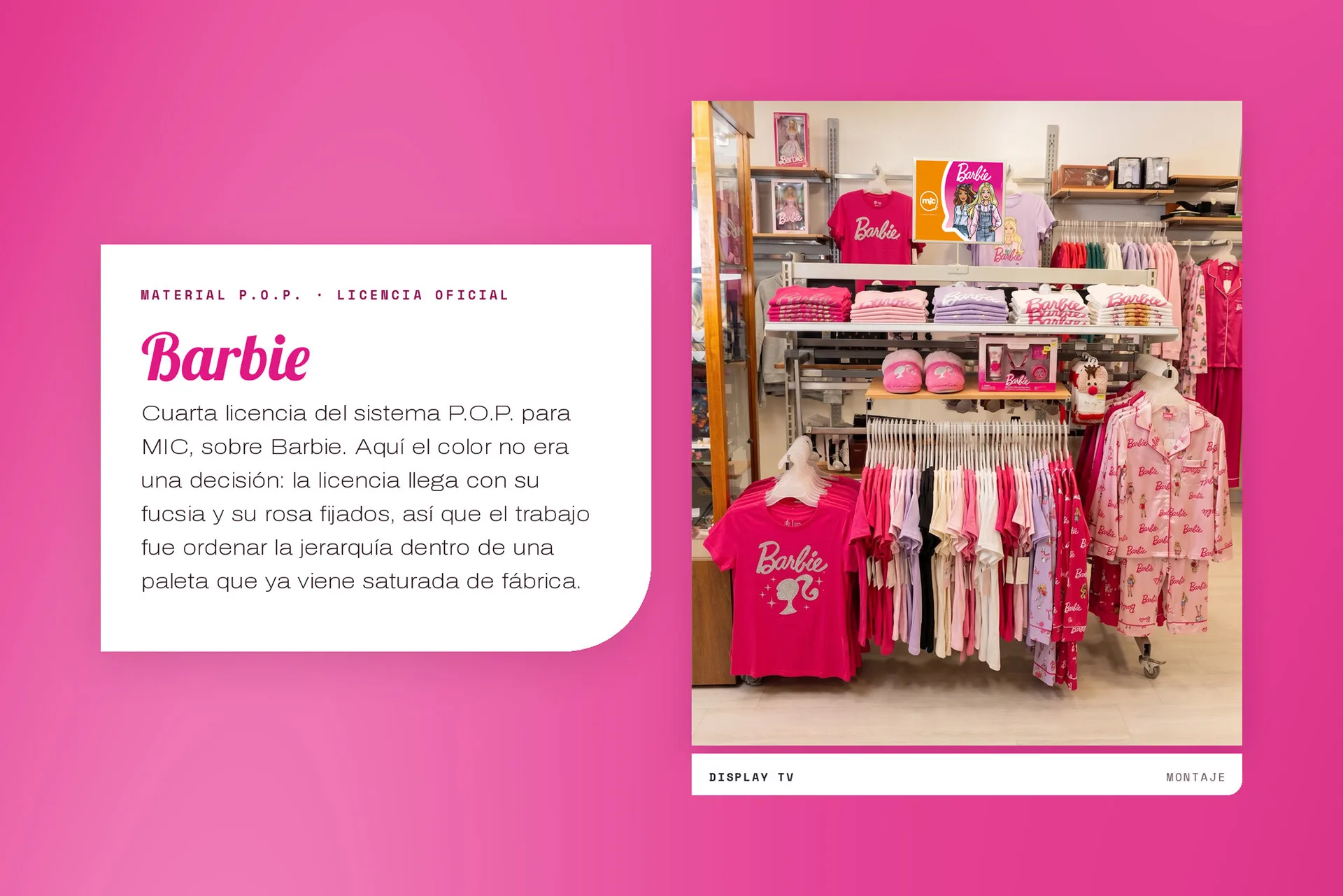 Portada del caso Barbie: material P.O.P. bajo licencia oficial, con foto de un módulo de ropa rosa y fucsia de Barbie en tienda, sobre fondo rosa degradado.