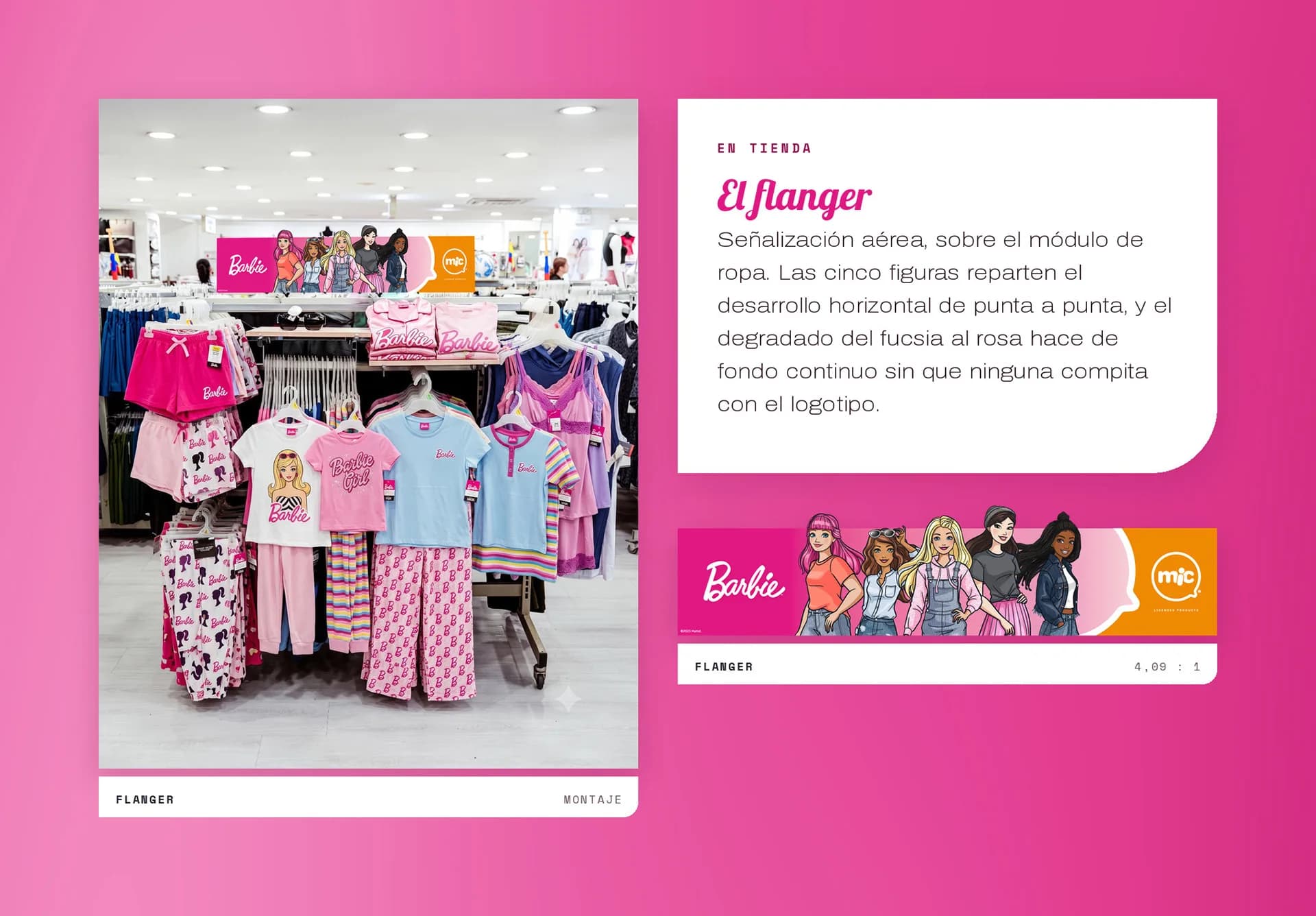 El flanger: foto de un perchero con prendas de Barbie junto al arte del banner horizontal con cinco figuras y el degradado de fucsia a rosa con el logo mic.
