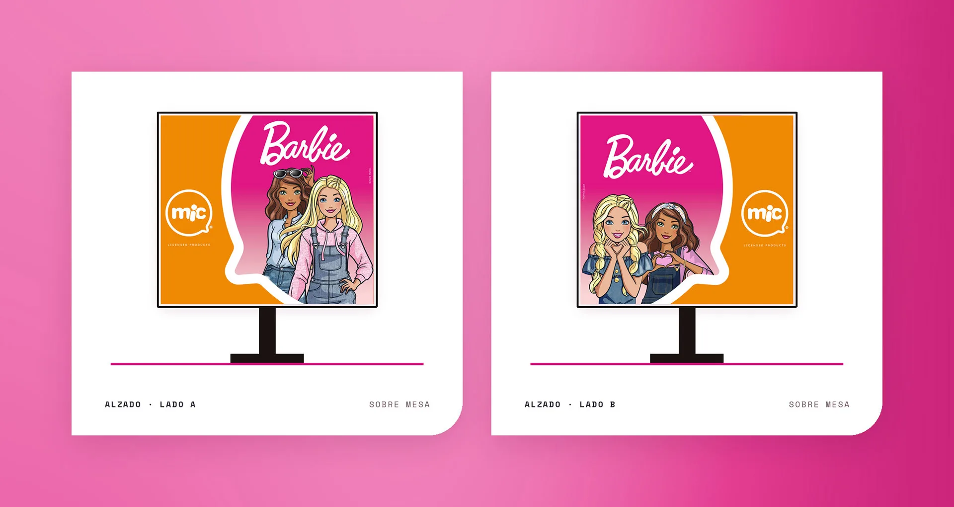 Alzado sobre mesa: dos maquetas de la caja pizza de Barbie montada en su bastón, lado A y lado B.