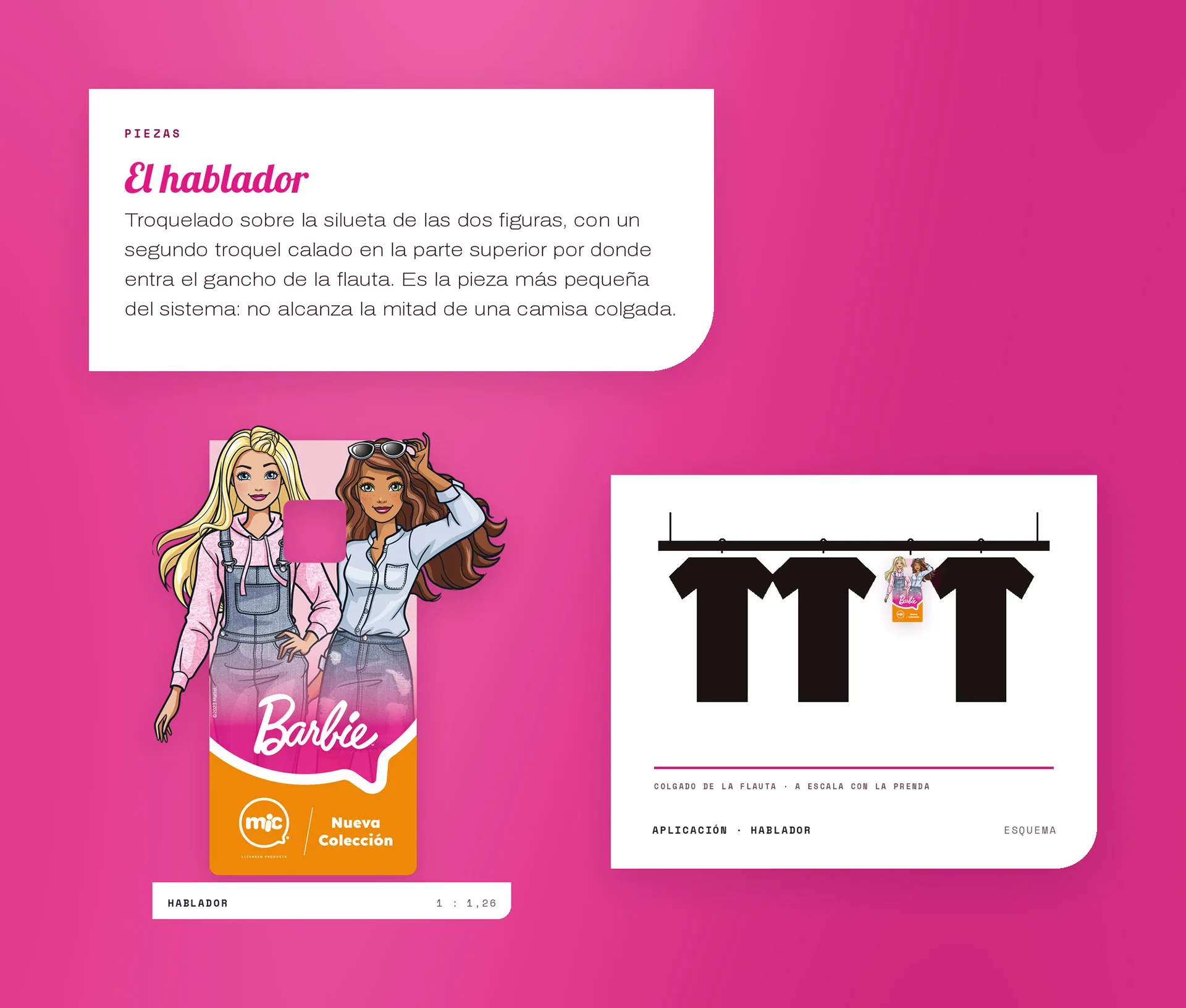 El hablador: pieza troquelada de Barbie con dos figuras y el rótulo Nueva Colección, junto al esquema de colgado en la flauta a escala con la prenda.