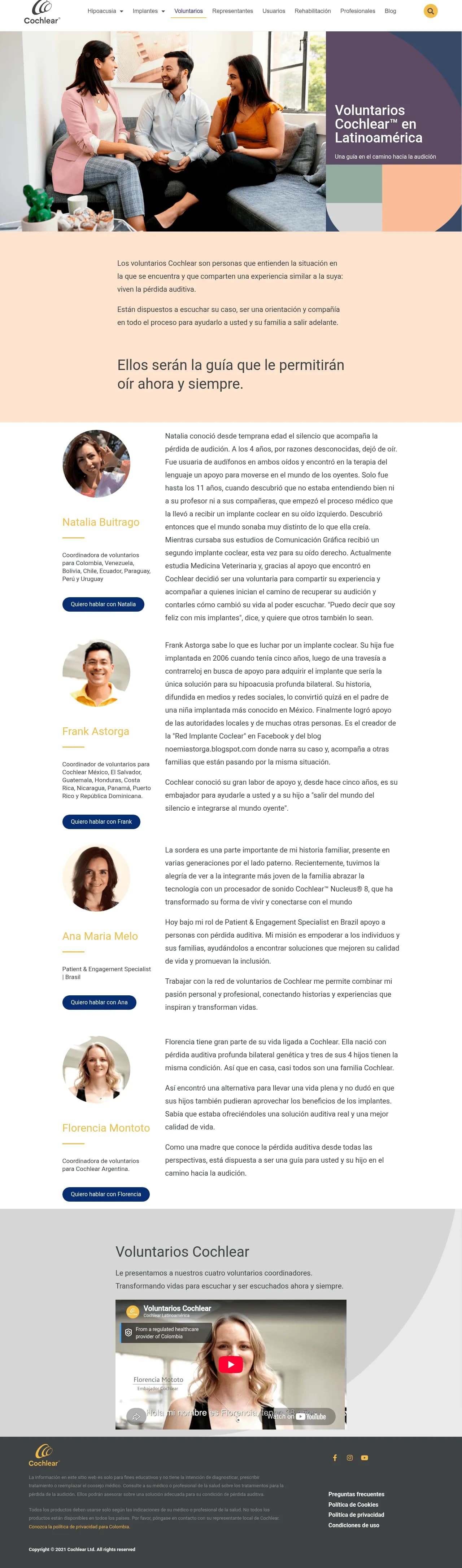 Pillar page Voluntarios Cochlear en Latinoamérica en vista de escritorio, con los cuatro voluntarios coordinadores (Natalia, Frank, Ana Maria y Florencia), su region, historia y boton Quiero hablar con, y el bloque de video de cierre.