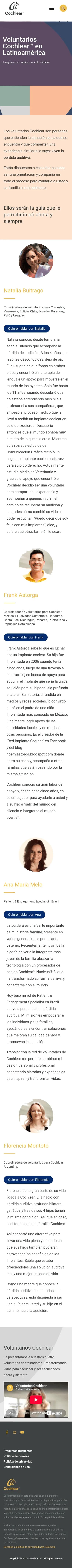Pillar page Voluntarios Cochlear en Latinoamérica en vista móvil, con los testimonios de los voluntarios coordinadores y el bloque de video.
