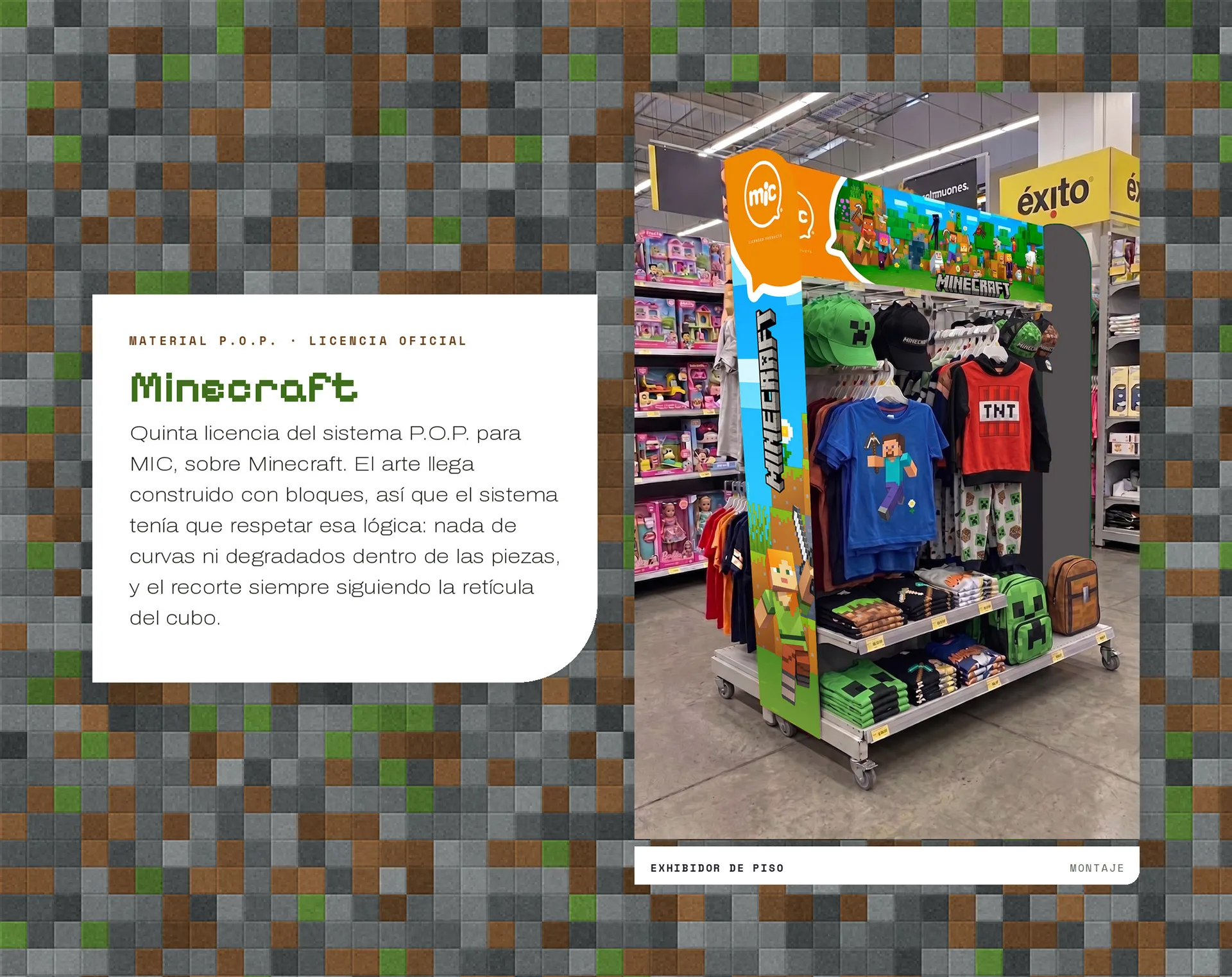 Portada del caso Minecraft: material P.O.P. bajo licencia oficial, con foto de un exhibidor de piso con camisetas y accesorios de Minecraft en una tienda Éxito, sobre fondo de bloques pixelados.