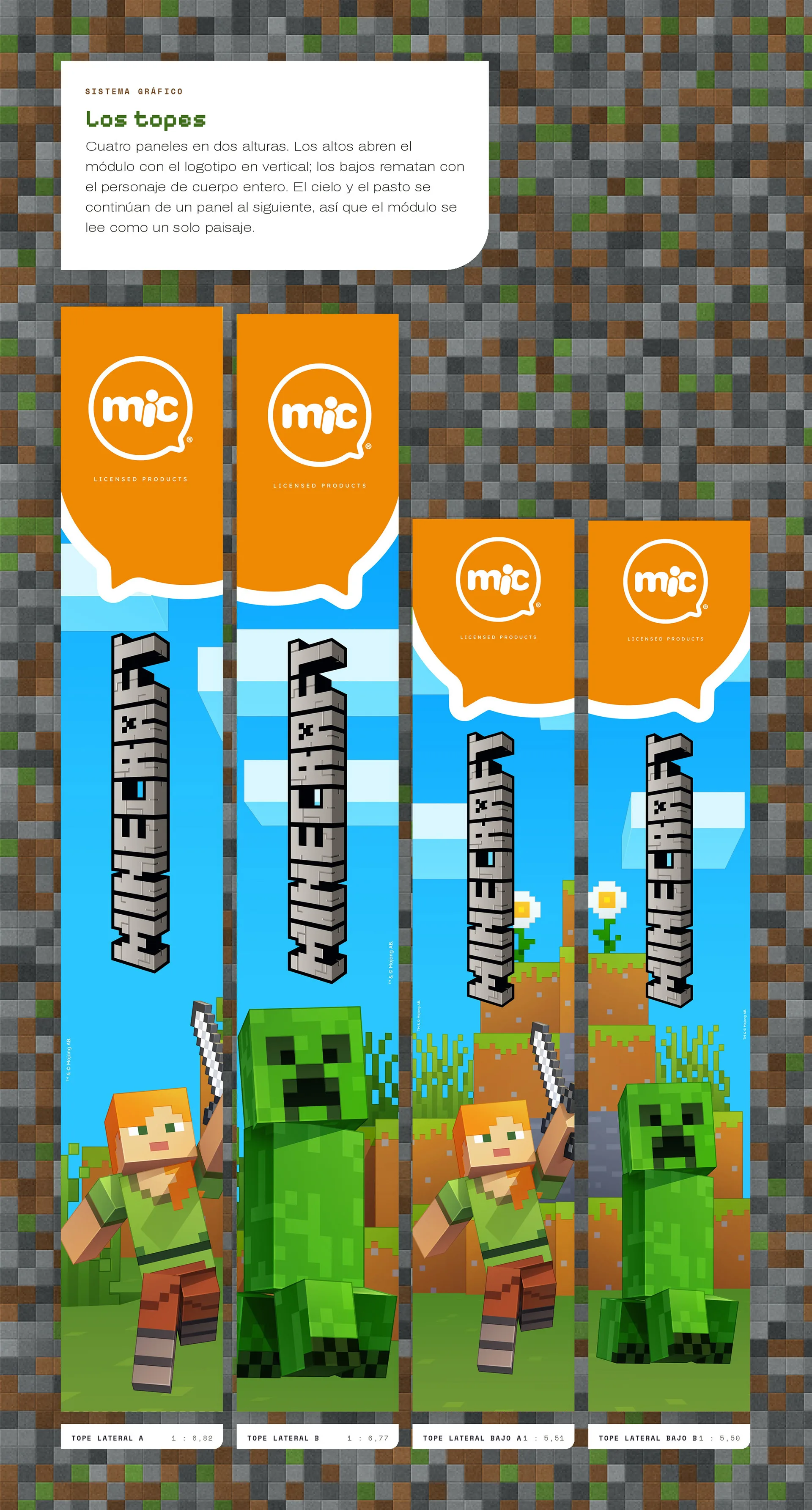 Los topes: cuatro paneles verticales con el logotipo de Minecraft y personajes (Alex y un Creeper) sobre un paisaje pixelado, rematados por el círculo naranja del logo mic.