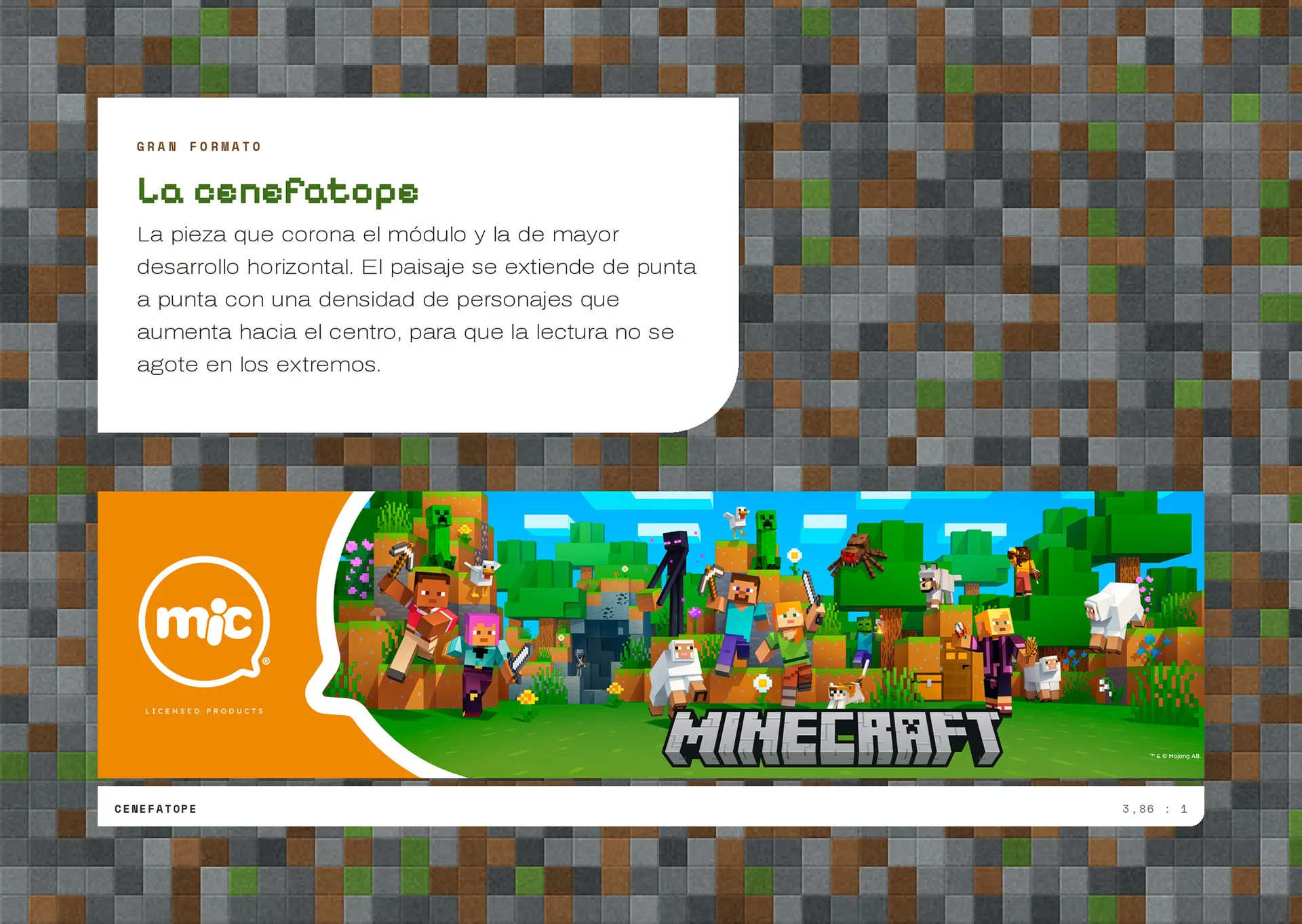 La cenefatope: banner horizontal de gran formato con el logo mic en naranja y un paisaje de Minecraft lleno de personajes y el logotipo del juego.
