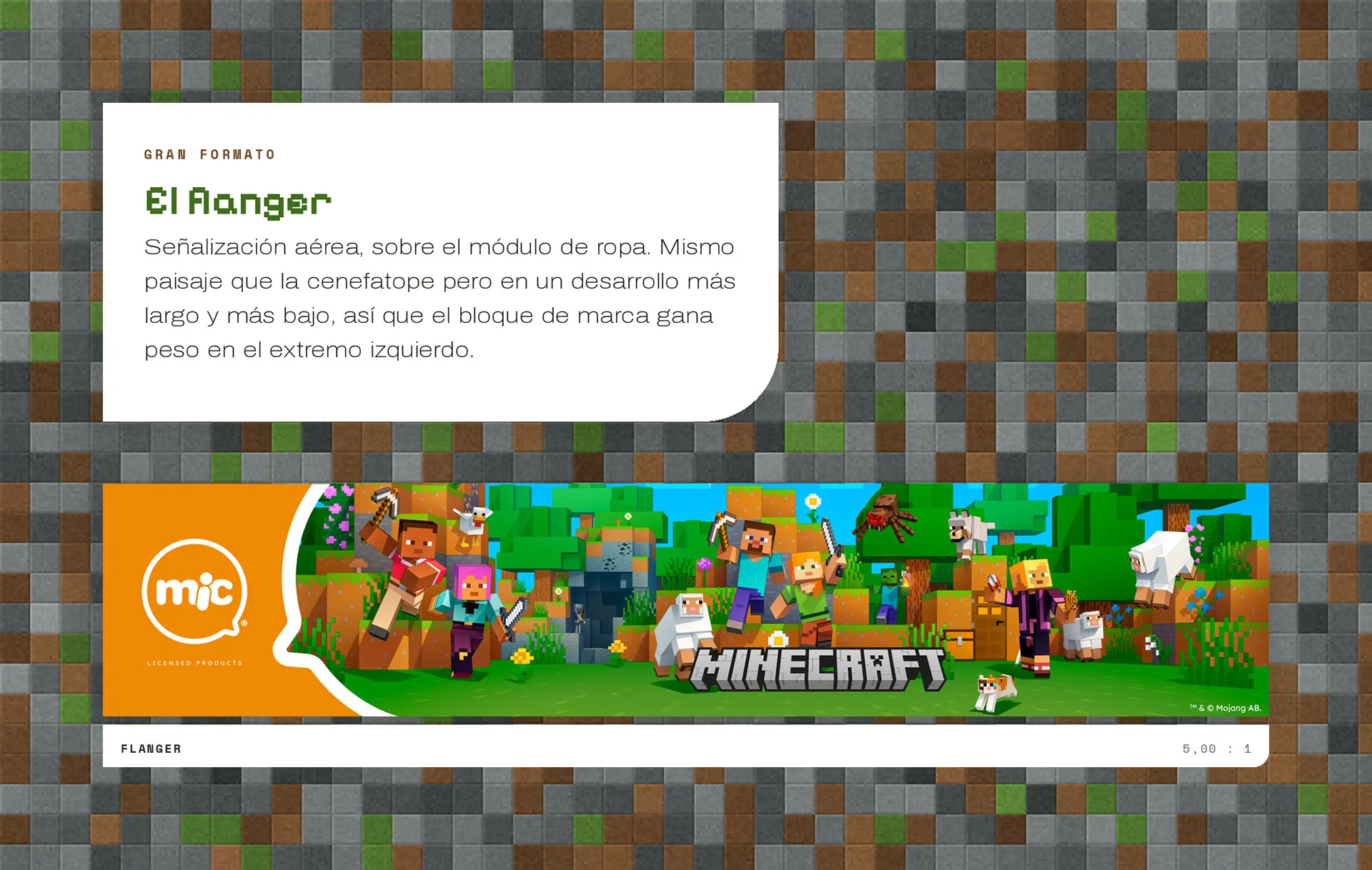 El flanger: banner horizontal más largo y bajo con el logo mic y un paisaje de Minecraft poblado de personajes.