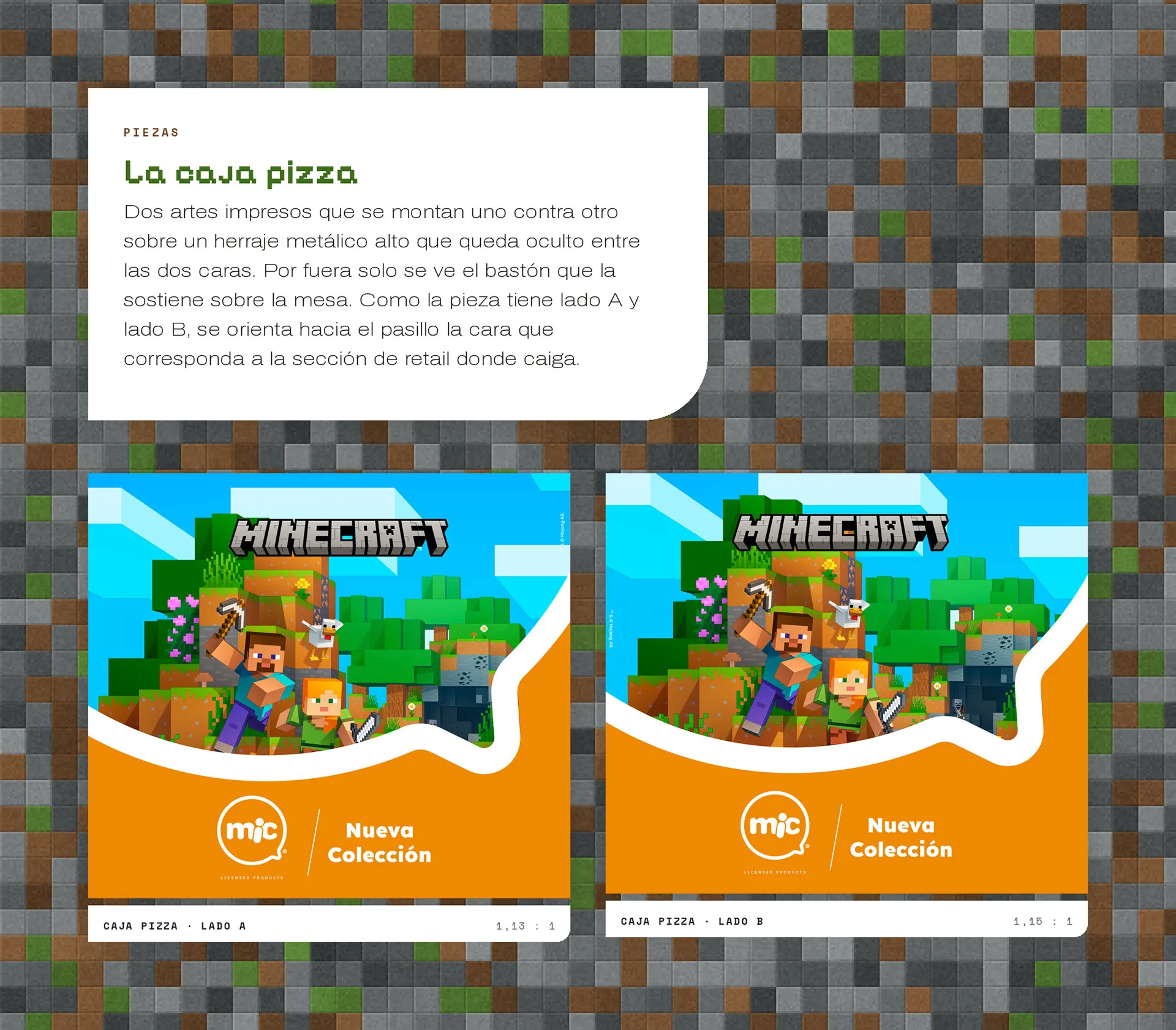 La caja pizza: dos artes, lado A y lado B, con paisajes de Minecraft y el rótulo Nueva Colección junto al logo mic sobre naranja.