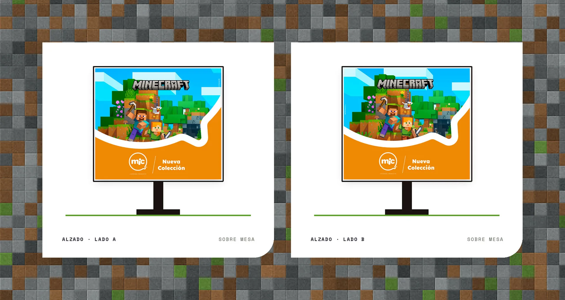 Alzado sobre mesa: dos maquetas de la caja pizza de Minecraft montada en su bastón, lado A y lado B.