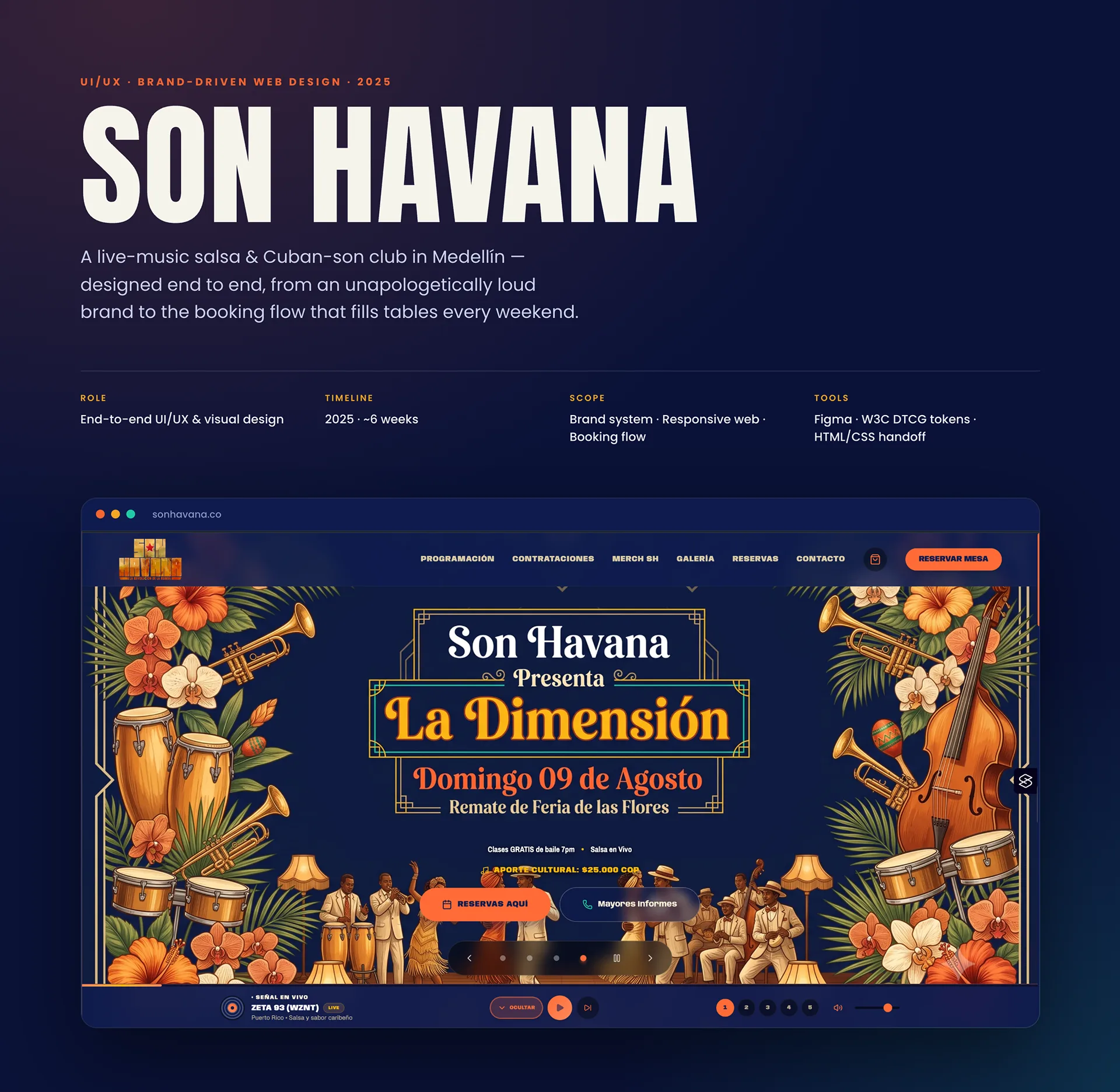Portada del caso: titulo gigante SON HAVANA sobre fondo azul noche, con la ficha de rol, cronograma, alcance y herramientas, y una maqueta de la home con ilustracion tropical que anuncia el evento La Dimension.
