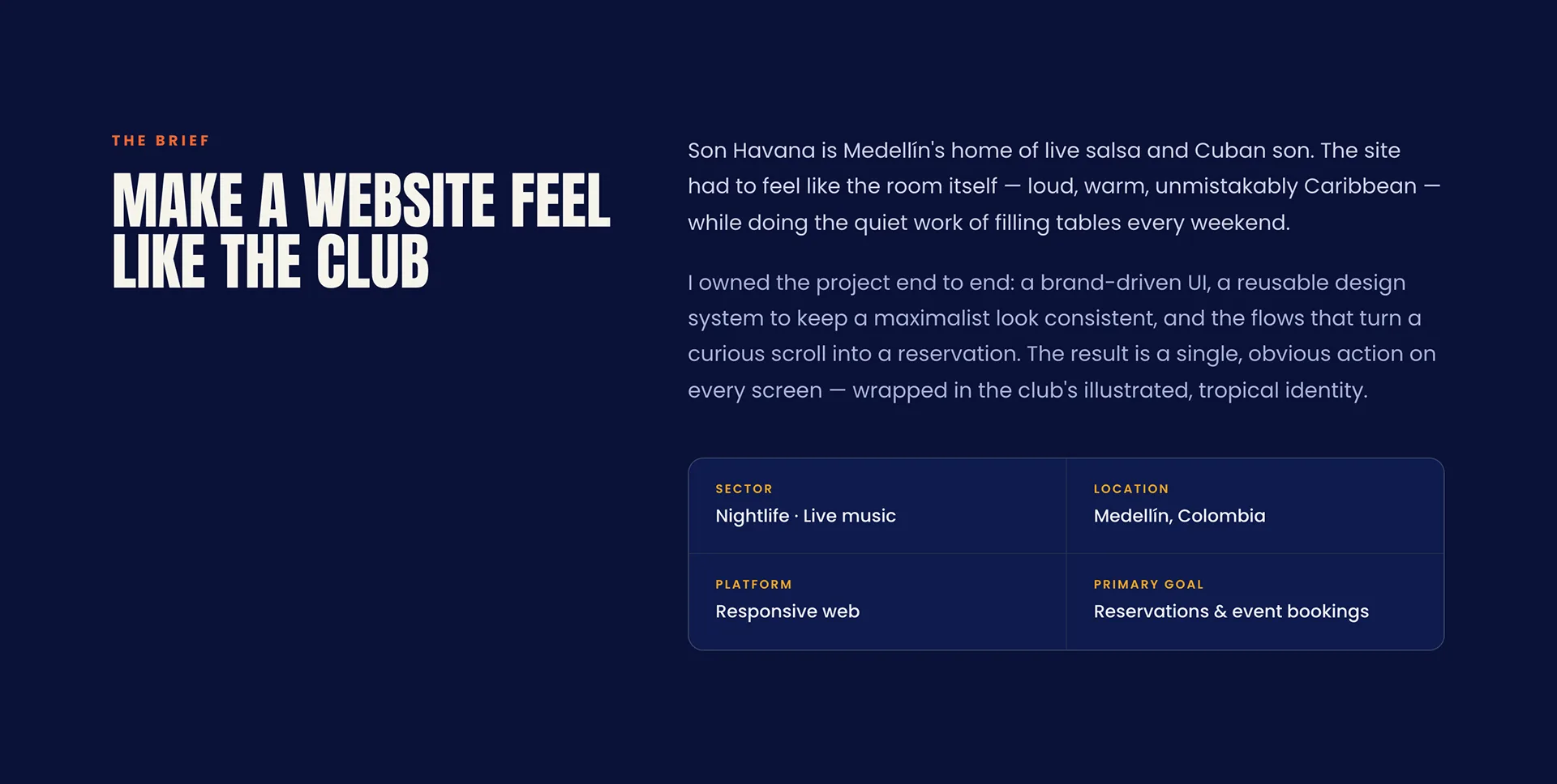Seccion The Brief titulada Make a website feel like the club, con texto descriptivo y cuatro fichas de sector, ubicacion, plataforma y objetivo.