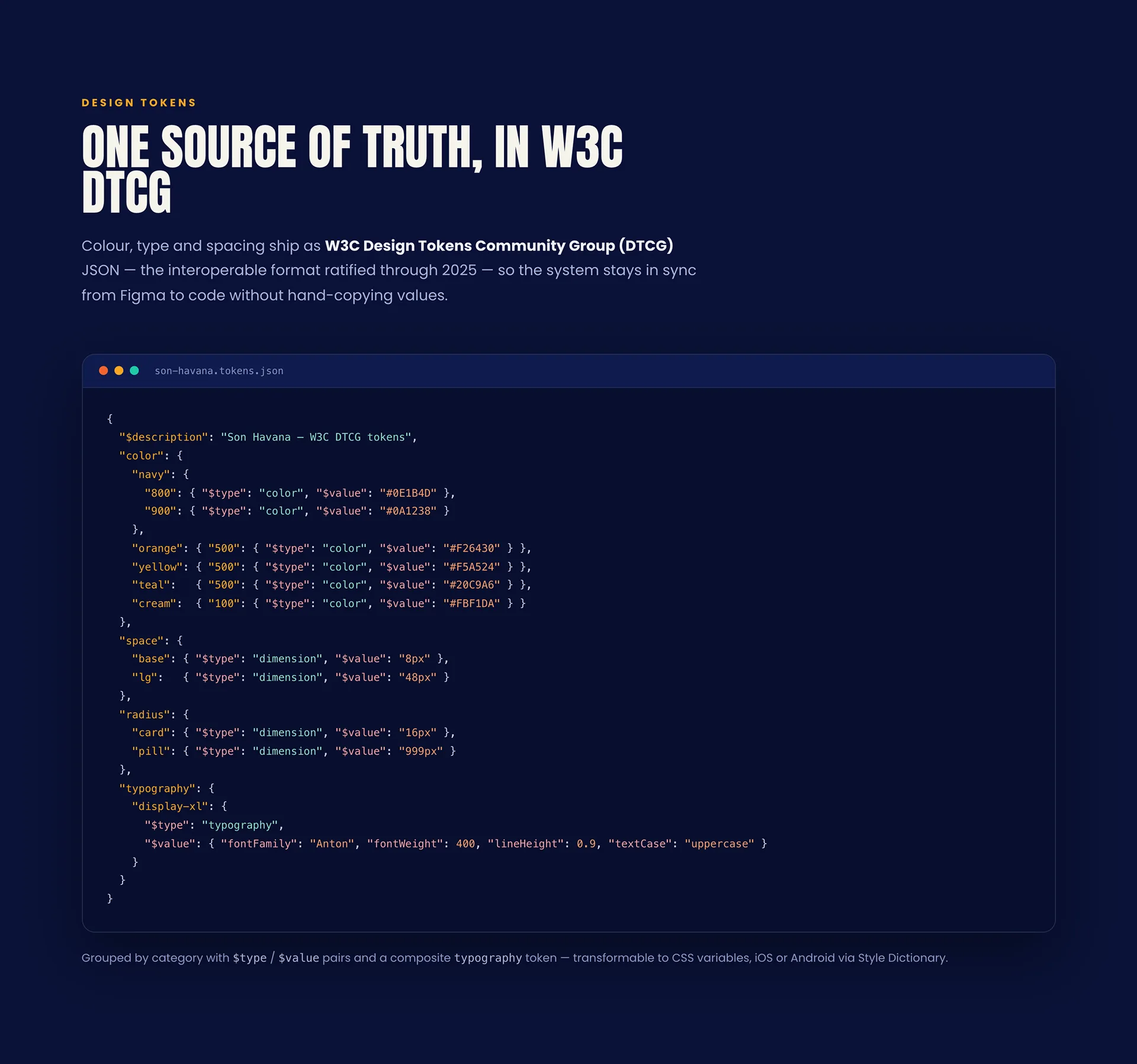 Seccion de design tokens One source of truth in W3C DTCG con un editor de codigo que muestra el archivo son-havana.tokens.json.