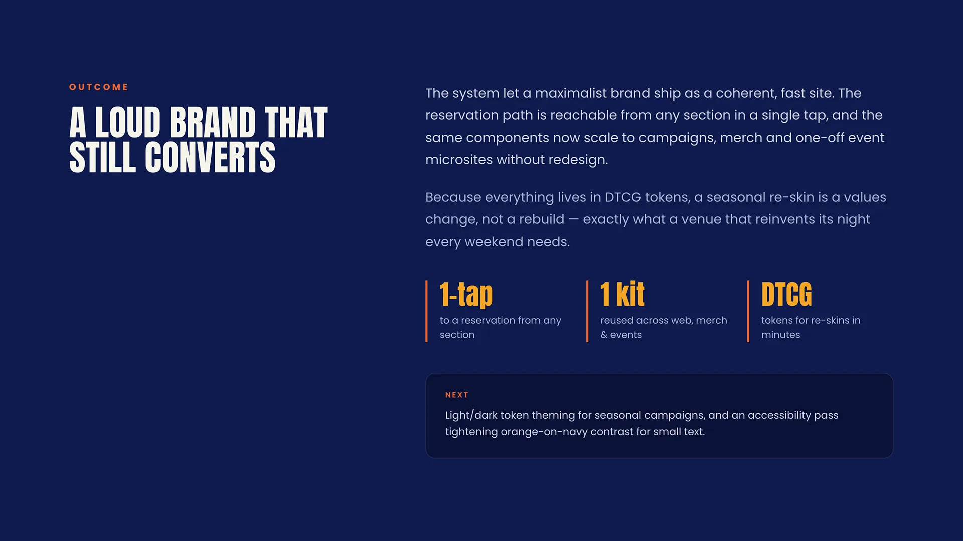 Cierre A loud brand that still converts con el resultado del proyecto y tres metricas destacadas: 1-tap, 1 kit y DTCG.