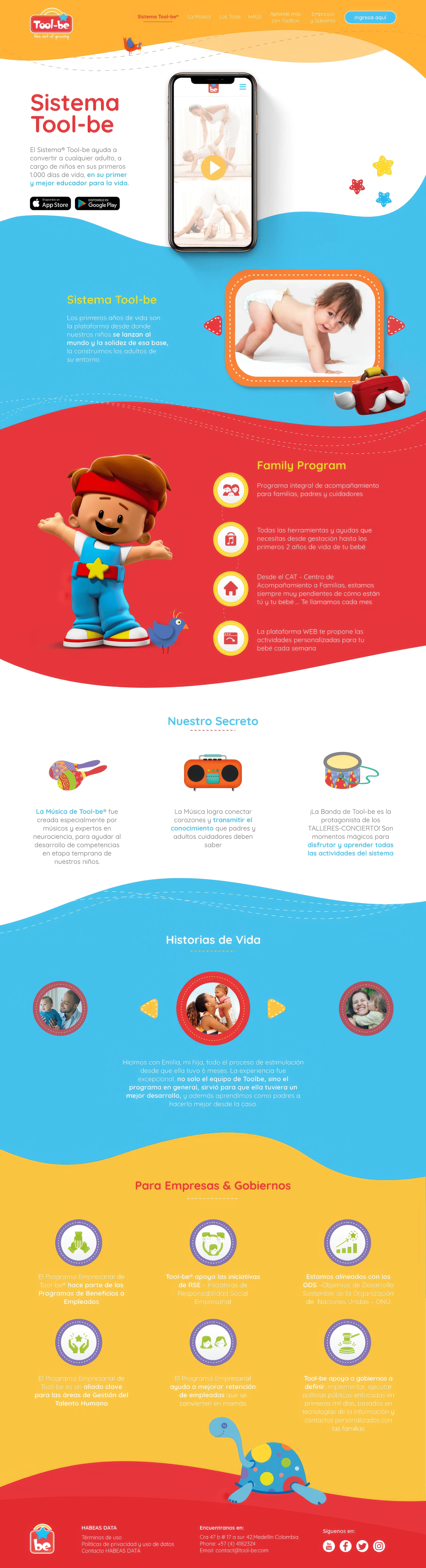Landing completa de la propuesta Tool-be, marca infantil de juguetes, con secciones ilustradas en rojo, azul y amarillo: Sistema Tool-be con una maqueta de app en un telefono, Family Program, Nuestro Secreto, Historias de Vida y Para Empresas y Gobiernos.
